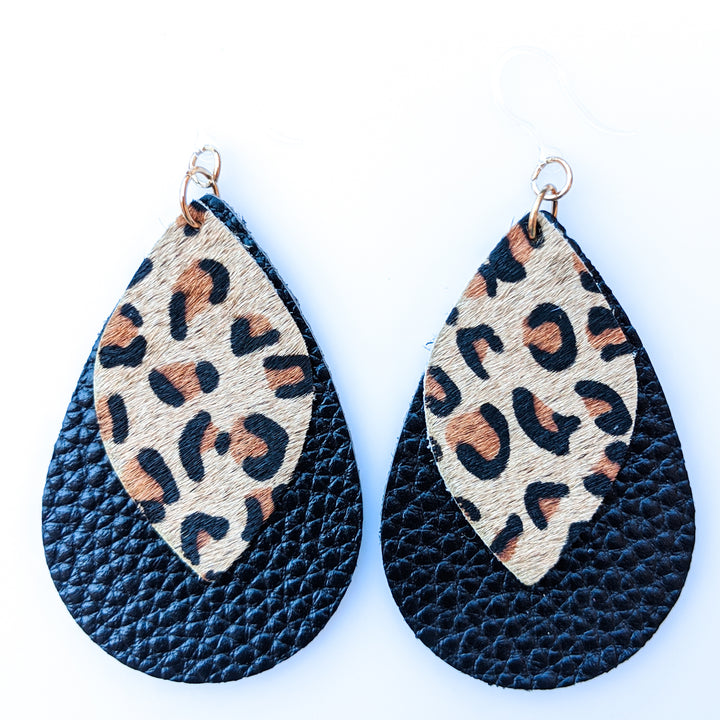 Double Layer Leopard Print Earrings (Teardrop Dangles)- black