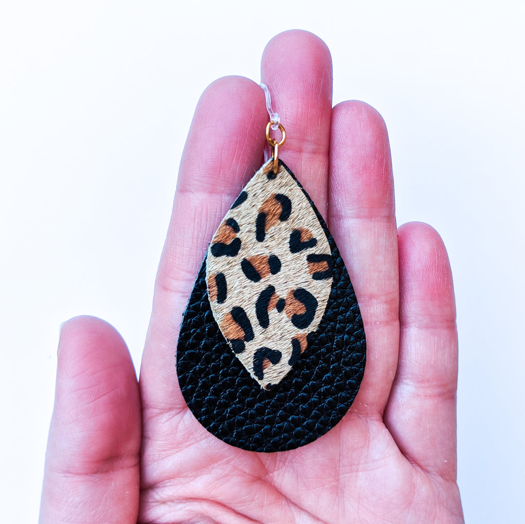 Double Layer Leopard Print Earrings (Teardrop Dangles) - size comparison hand