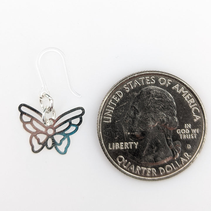 Silver Butterfly Earrings (Dangles) - size comparison quarter
