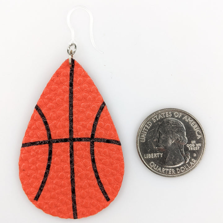 Basketball Skin Earrings (Teardrop Dangles) - size comparison quarter