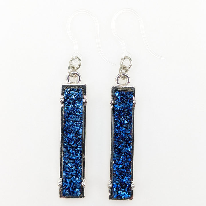 Faux Druzy Bar Earrings (Dangles) - blue/silver