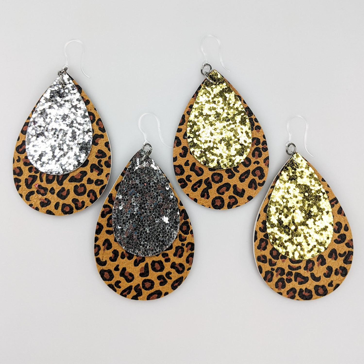 Double Layer Glitter Leopard Earrings (Teardrop Dangles) - all colors