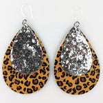 Double Layer Glitter Leopard Earrings (Teardrop Dangles) - silver