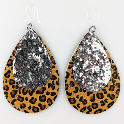 Double Layer Glitter Leopard Earrings (Teardrop Dangles) - silver