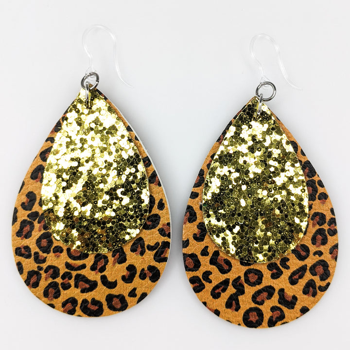 Double Layer Glitter Leopard Earrings (Teardrop Dangles) - gold