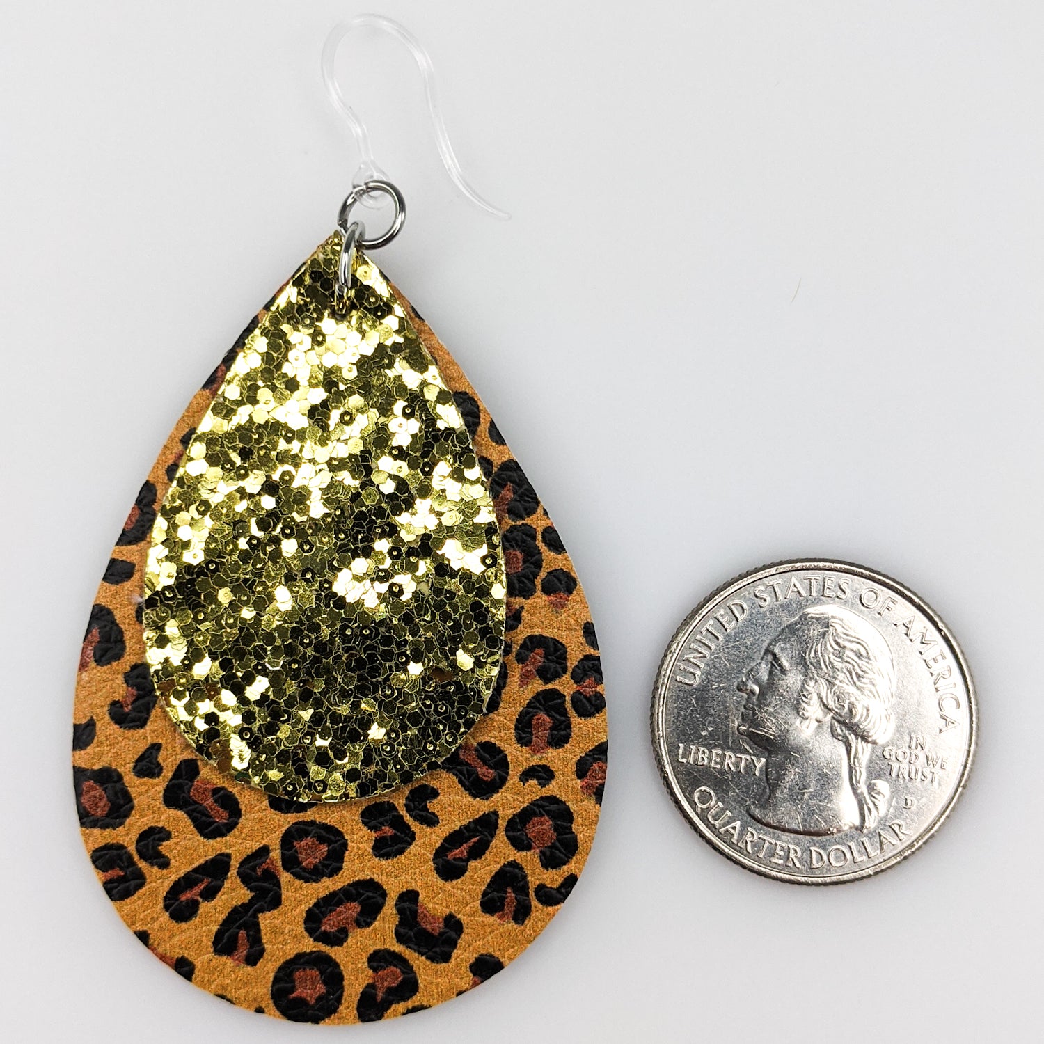 Double Layer Glitter Leopard Earrings (Teardrop Dangles) - size comparison quarter