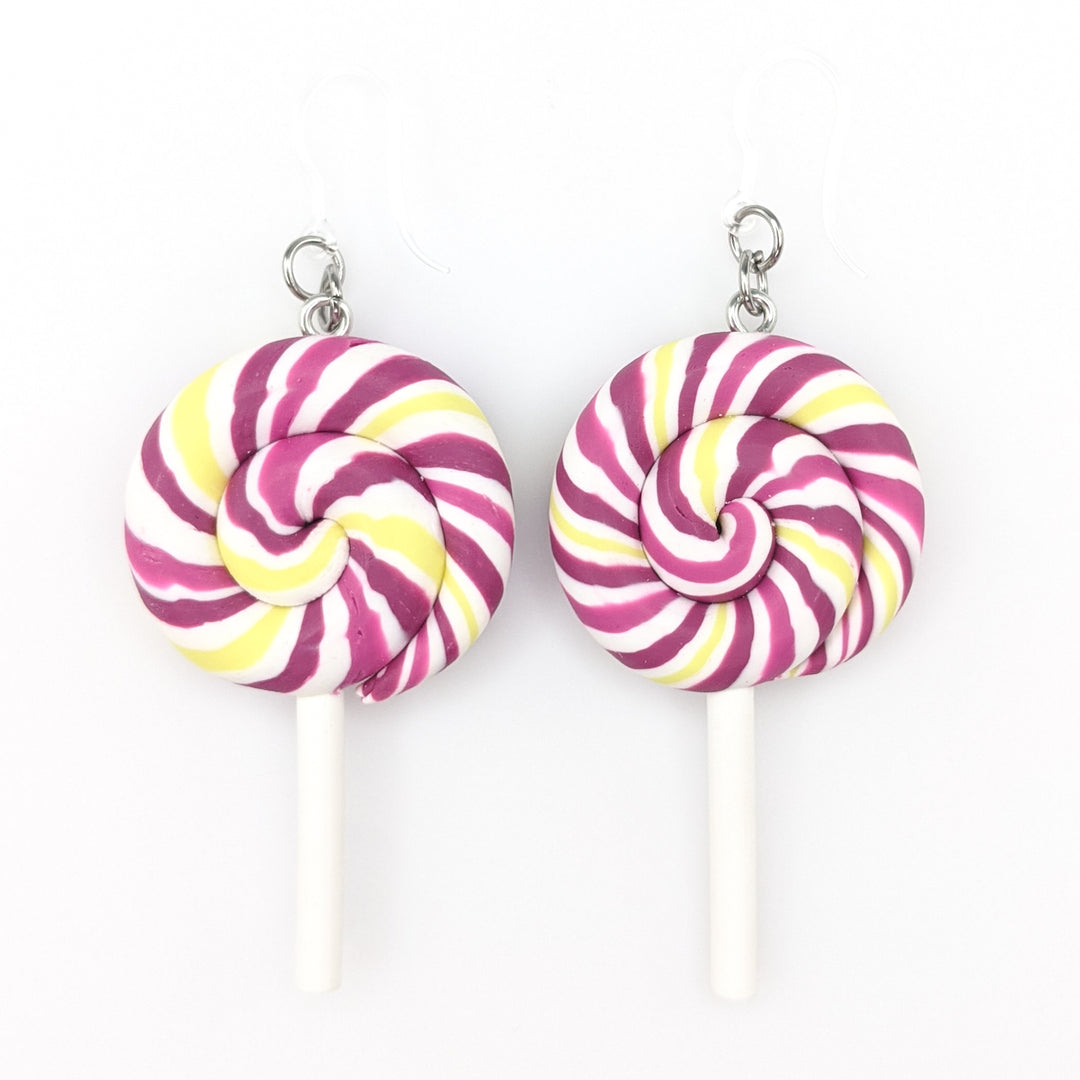 Exaggerated Lollipop Earrings (Dangles) - purple/yellow