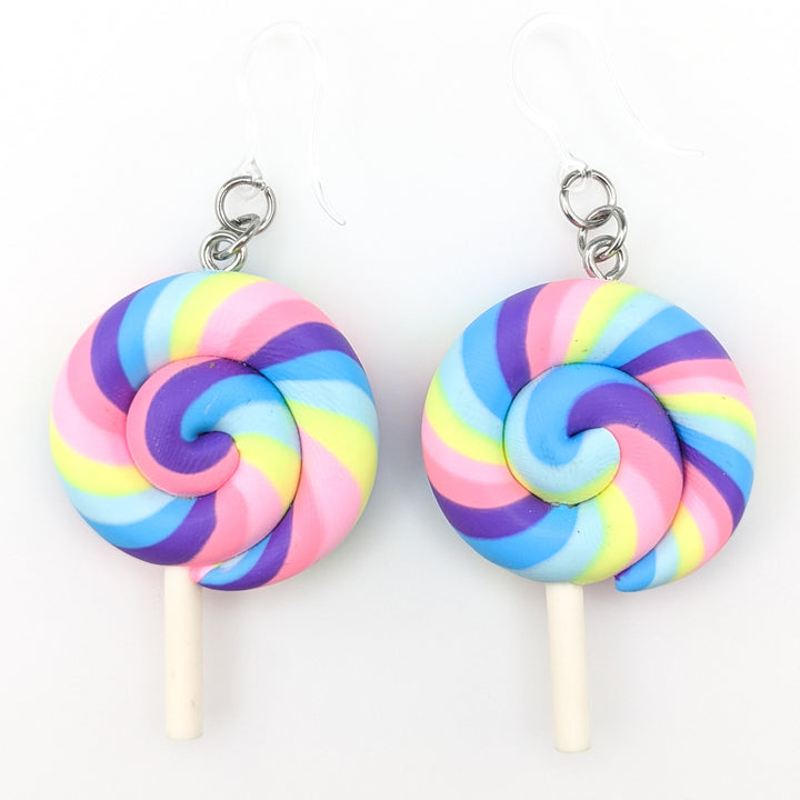 Exaggerated Lollipop Earrings (Dangles) - pastel pink rainbow