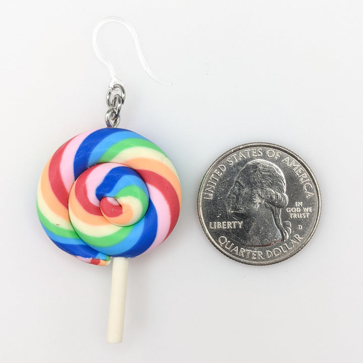 Exaggerated Lollipop Earrings (Dangles) - size comparison quarter