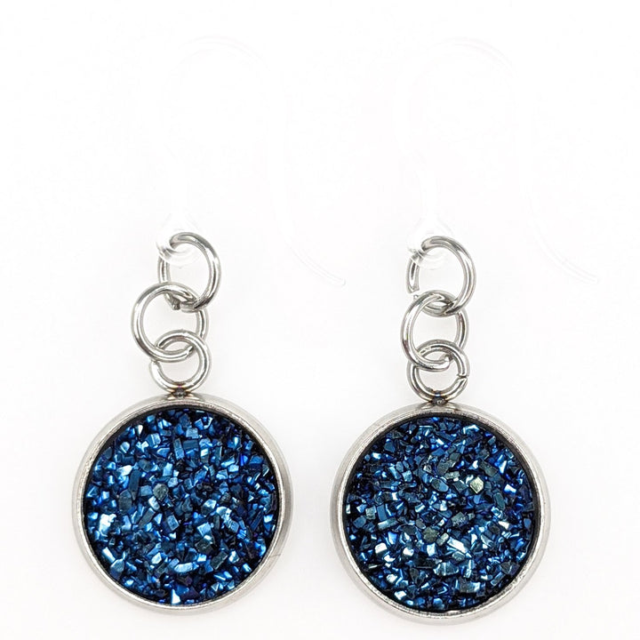 Silver Plated Faux Druzy Earrings (Dangles) - deep blue/gray
