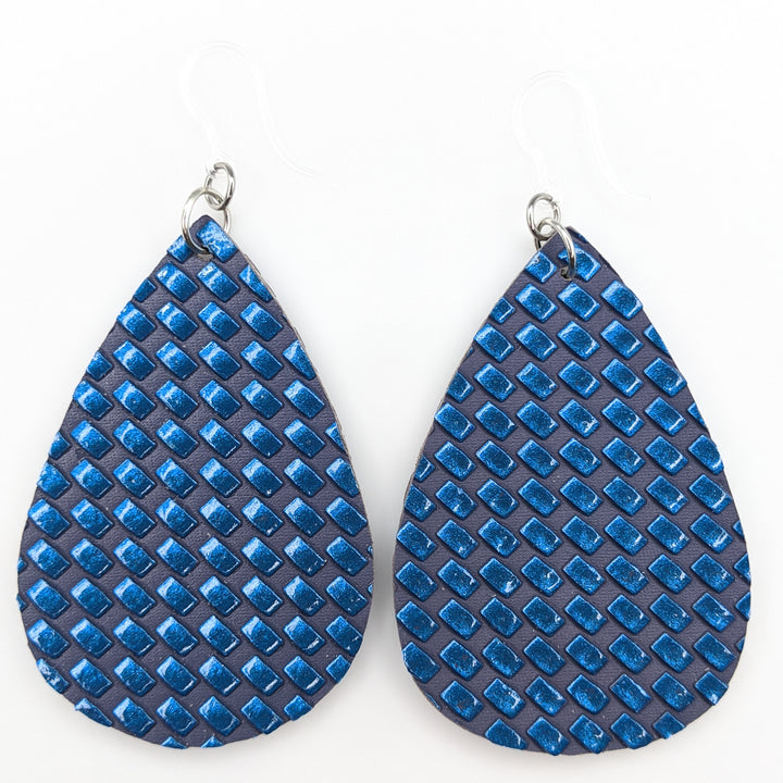 Textured Grid Earrings (Teardrop Dangles) - blue