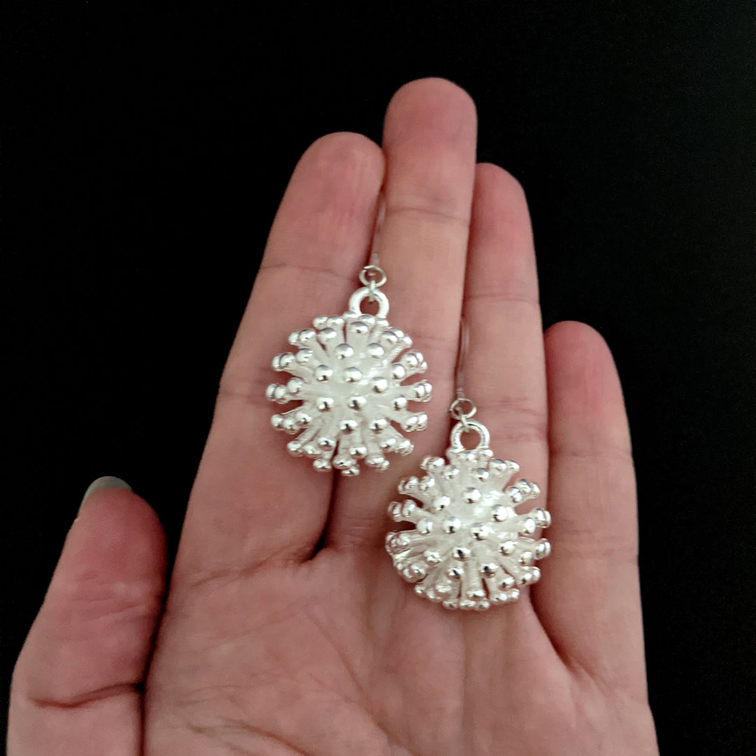 Silver Dandelion Earrings (Dangles) - size comparison hand