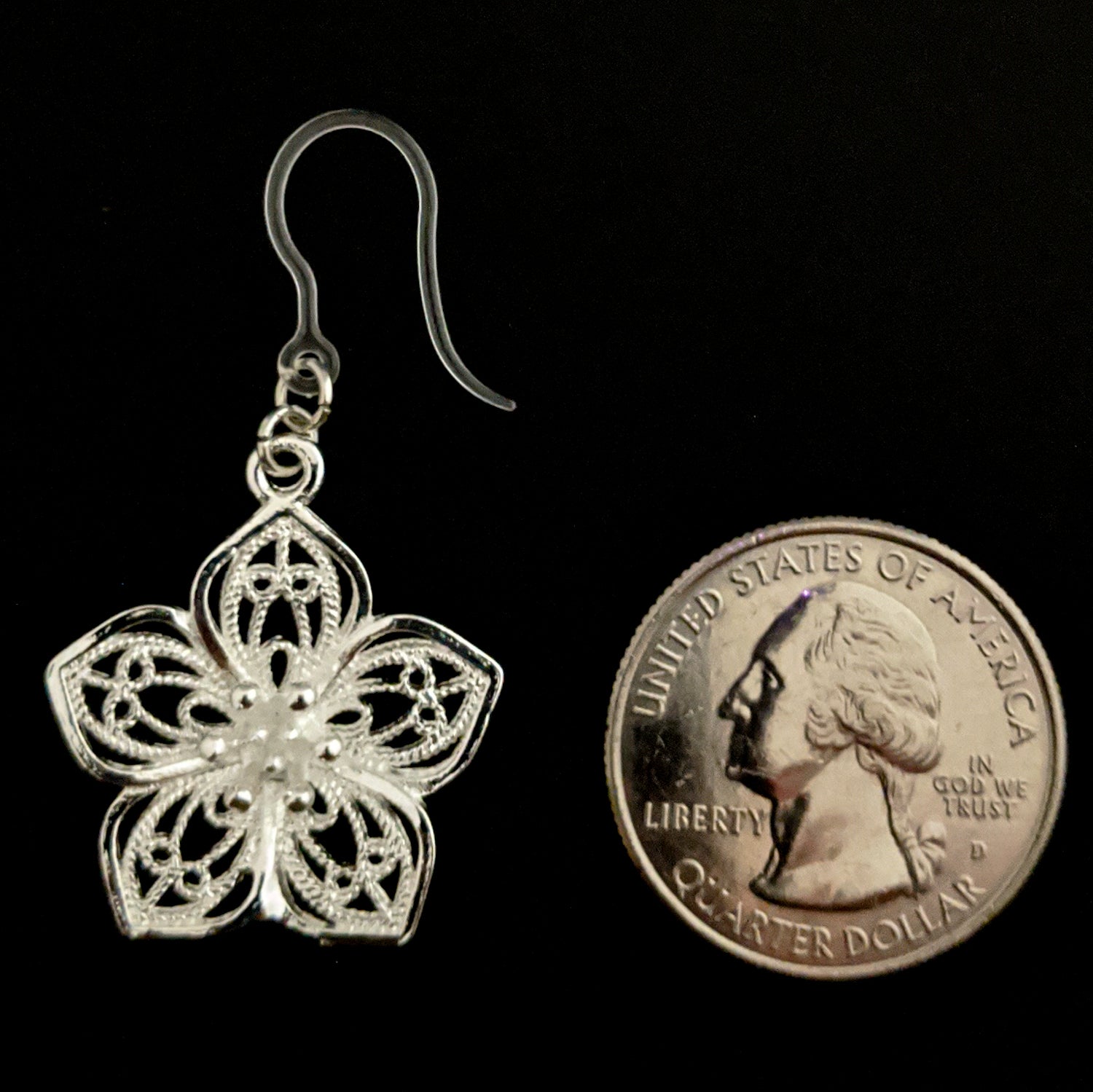 Silver Decorative Flower Earrings (Dangles) - size comparison quarter