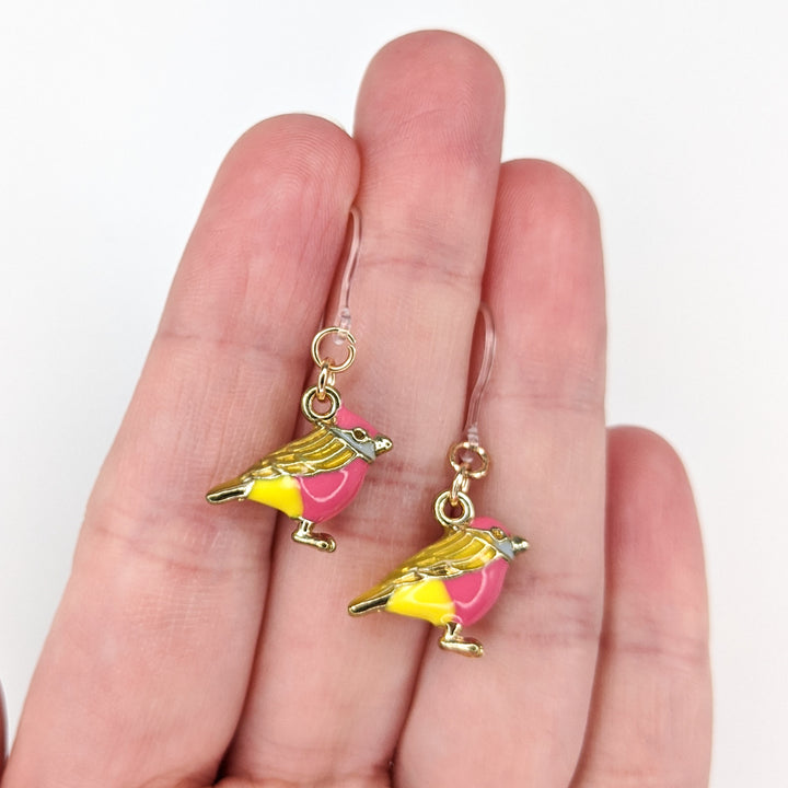 Colorful Bird Earrings (Dangles) - size comparison hand