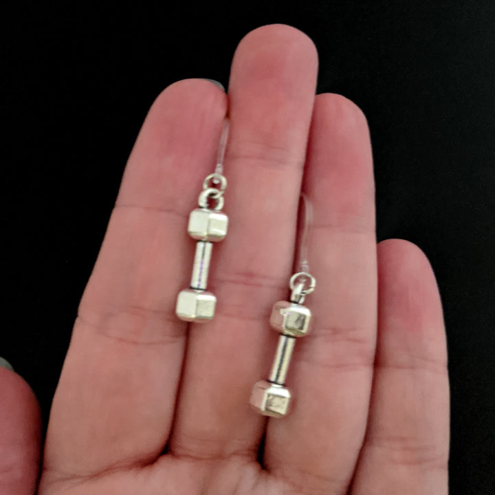 Silver Dumbbell Earrings (Dangles) - size comparison hand