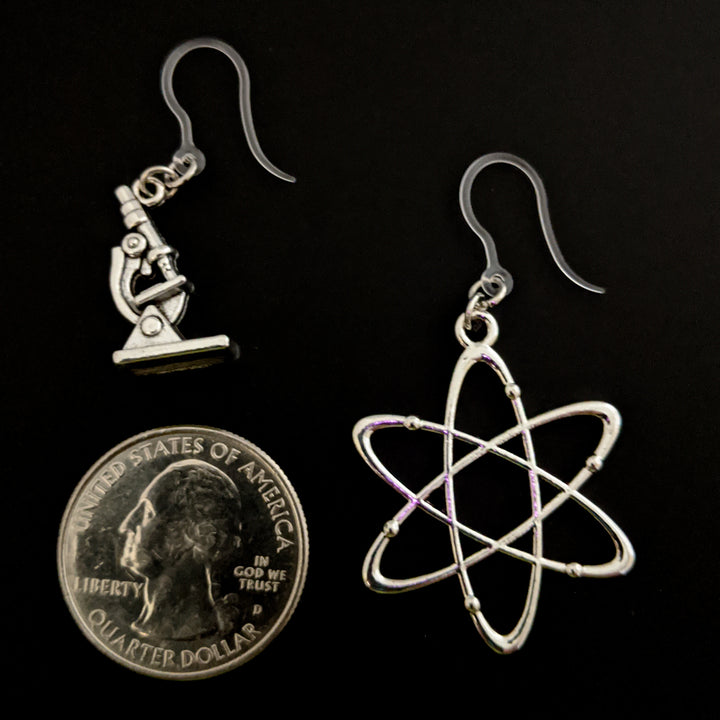 Microscope Atom Earrings (Dangles) - size comparison quarter