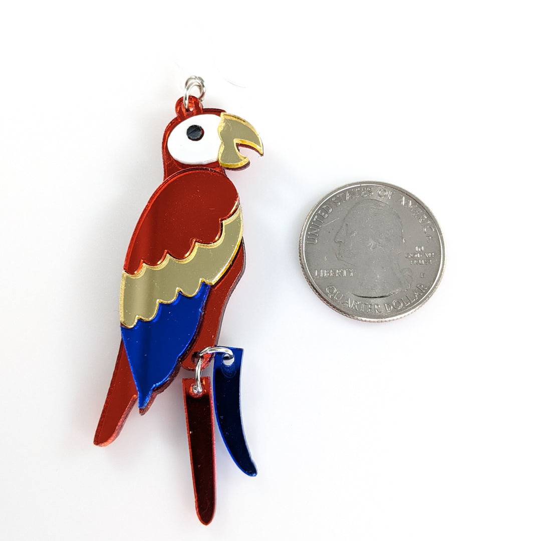 Exaggerated Parrot Earrings (Dangles) - size comparison quarter