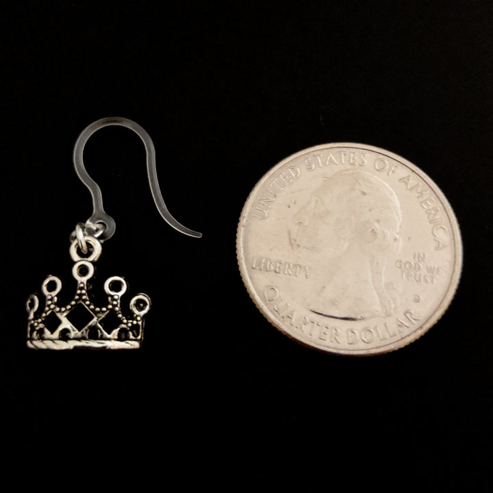 Silver Crown Earrings (Dangles) - size comparison quarter