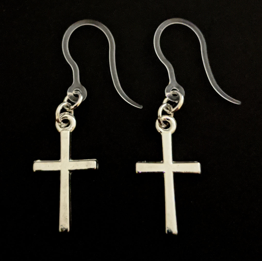 Simple Cross Earrings (Dangles) - silver