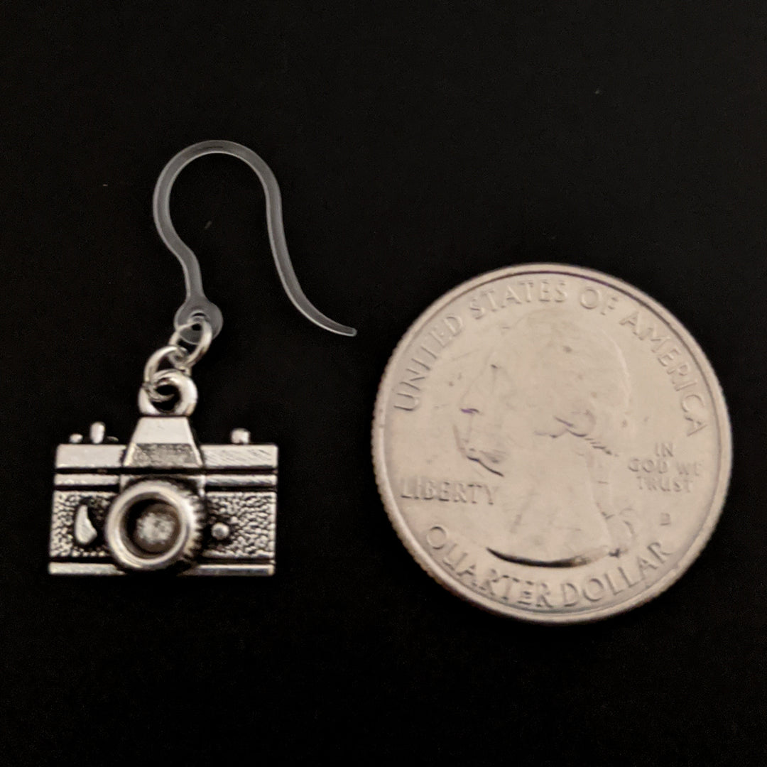 Camera Earrings (Dangles) - size comparison quarter