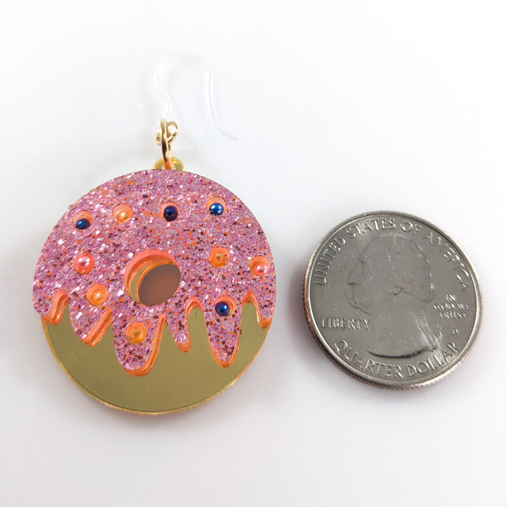 Exaggerated Donut Earrings (Dangles) - size comparison quarter
