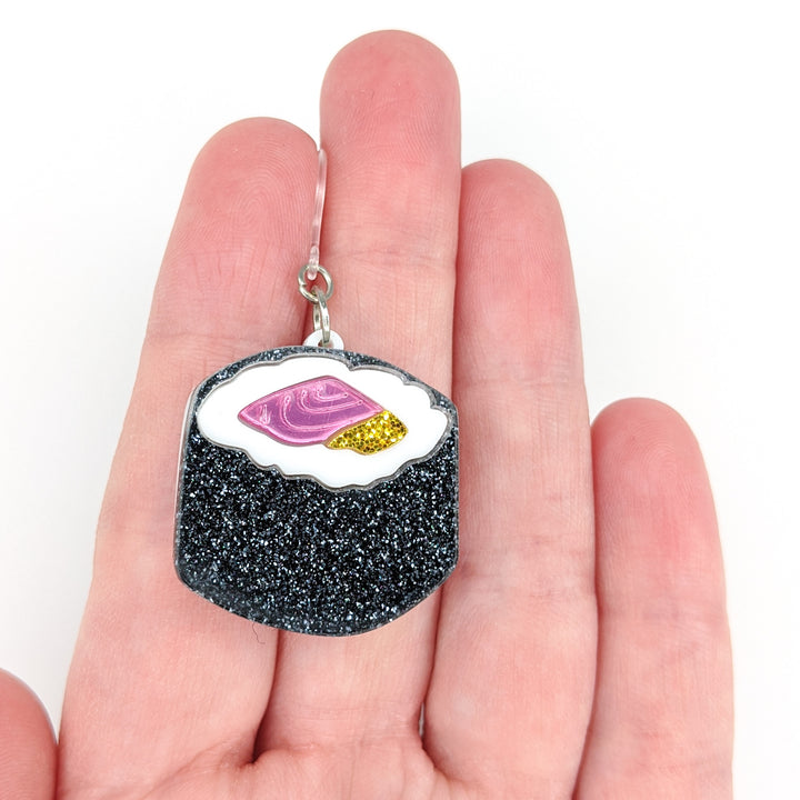 Exaggerated Sushi Earrings (Dangles) - size comparison hand