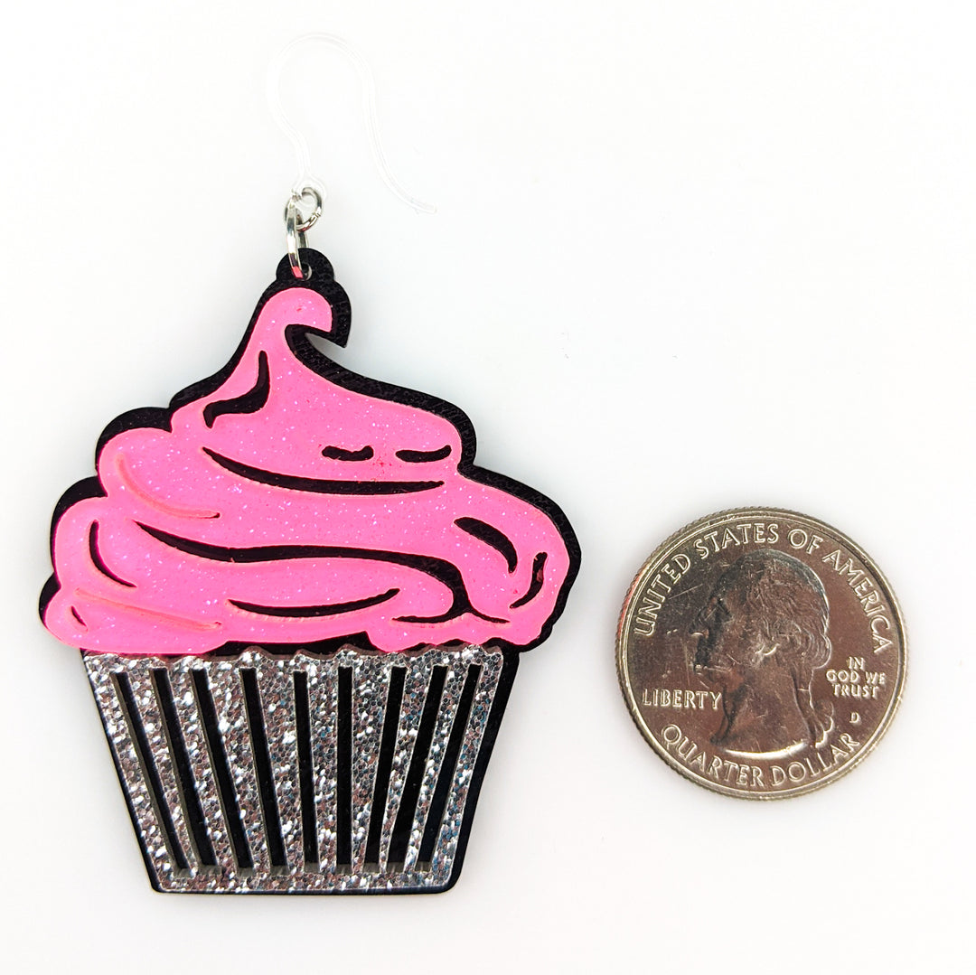 Exaggerated Cupcake Earrings (Dangles) - size comparison quarter
