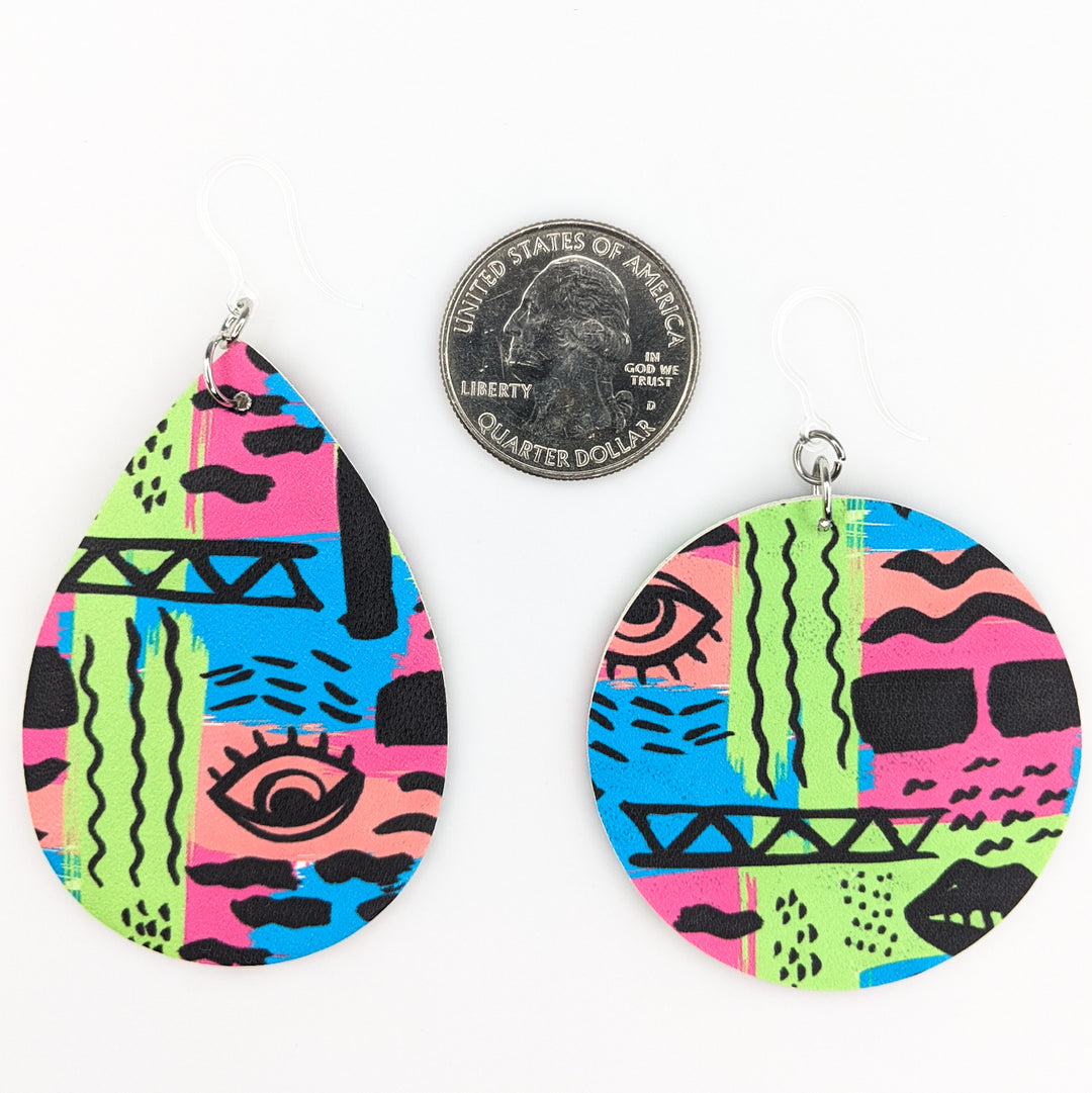Double-Sided Abstract Art Earrings (Teardrop Dangles) - size comparison quarter
