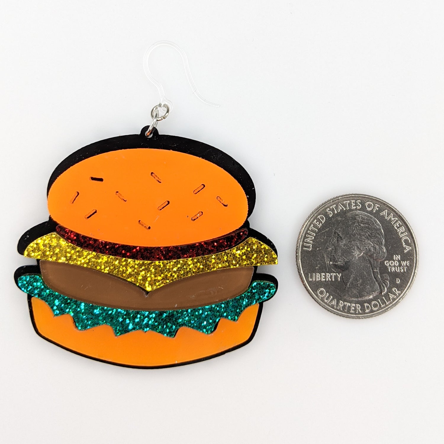 Exaggerated Burger Earrings (Dangles) - size comparison quarter