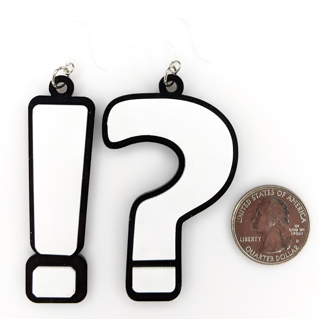 Exaggerated Punctuation Earrings (Dangles) - size comparison quarter