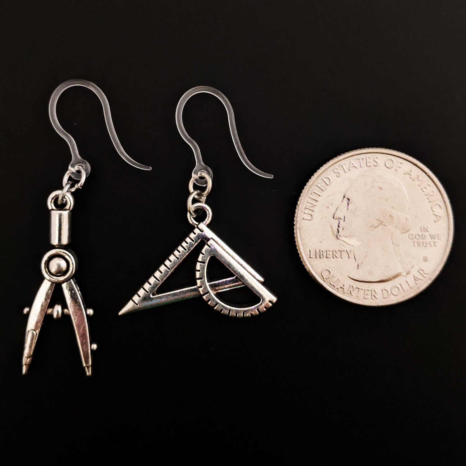 Compass & Protractor Earrings (Dangles) - size comparison quarter