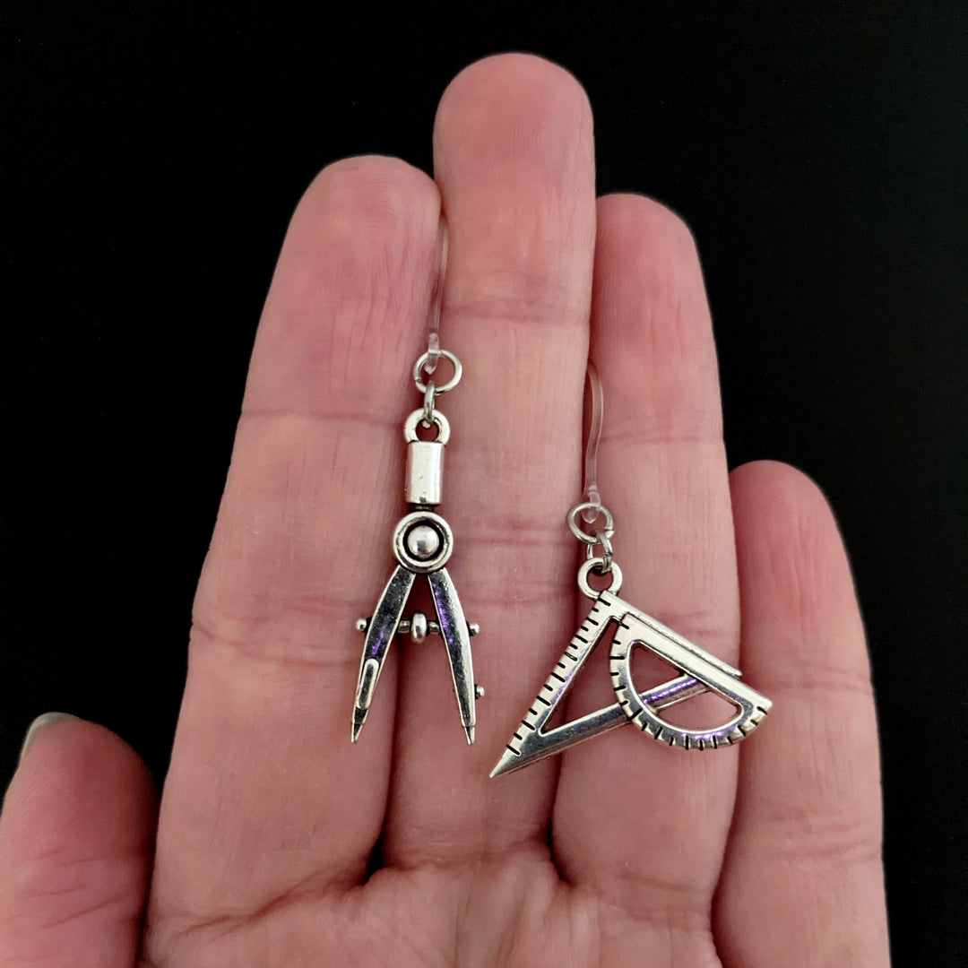 Compass & Protractor Earrings (Dangles) - size comparison hand