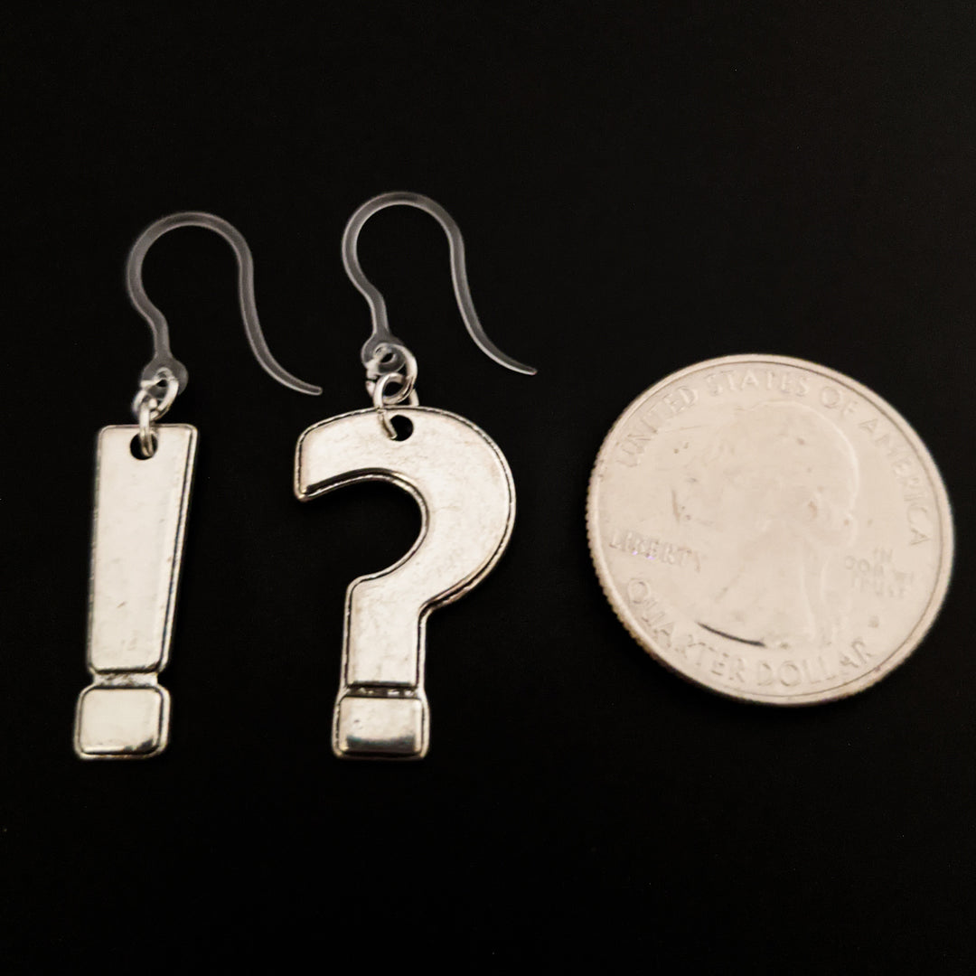 Silver Punctuation Earrings (Dangles) - size comparison quarter
