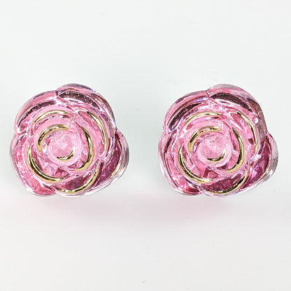 Glassy Pink Rose Studs Hypoallergenic Earrings for Sensitive Ears Made with Plastic Posts