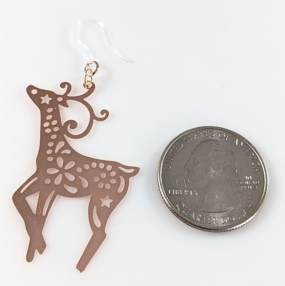 Large Reindeer Earrings (Dangles) - size comparison quarter