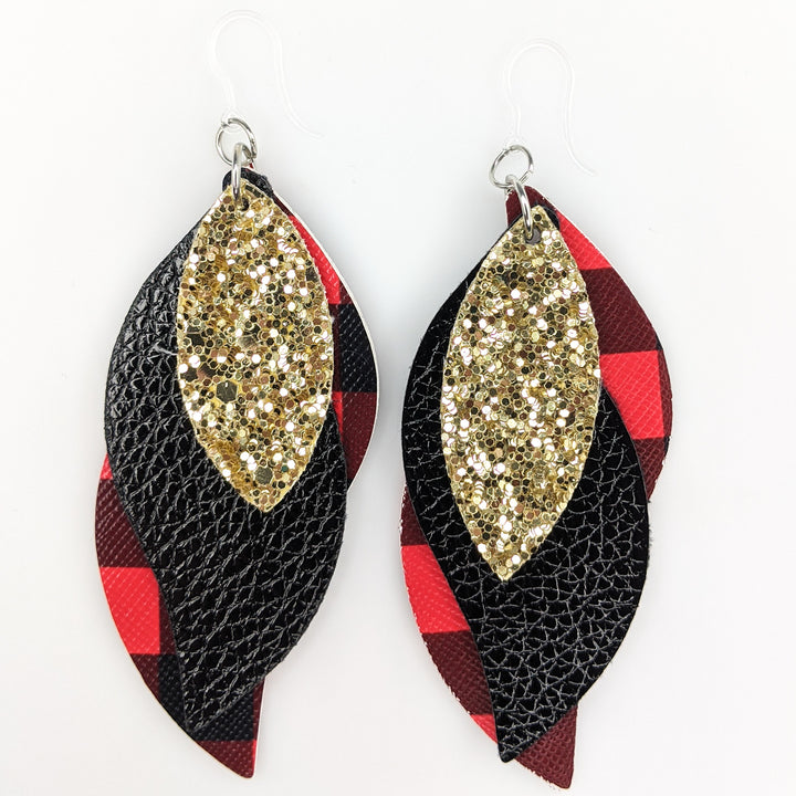 Triple Layer Curvy Glitter Earrings (Dangles) - red/black plaid