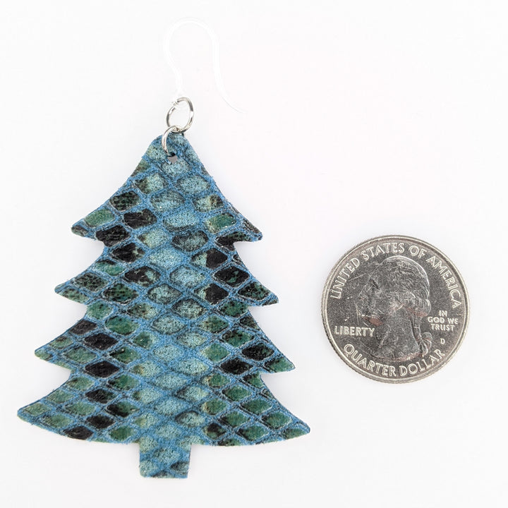 Textured Christmas Tree Earrings (Dangles) - size comparison quarter