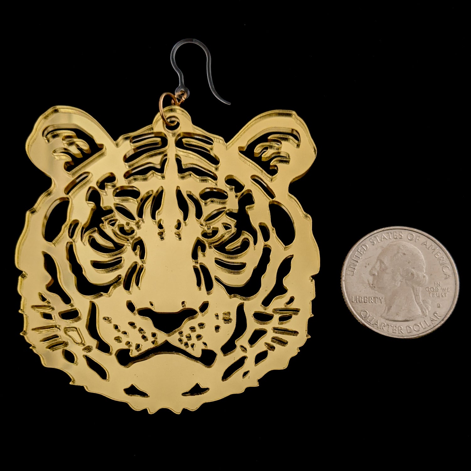 Exaggerated Tiger Earrings (Dangles) - size comparison quarter