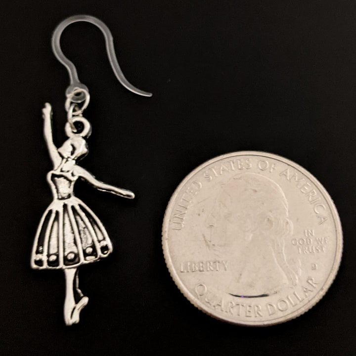 Silver Ballerina Earrings (Dangles) - size comparison quarter