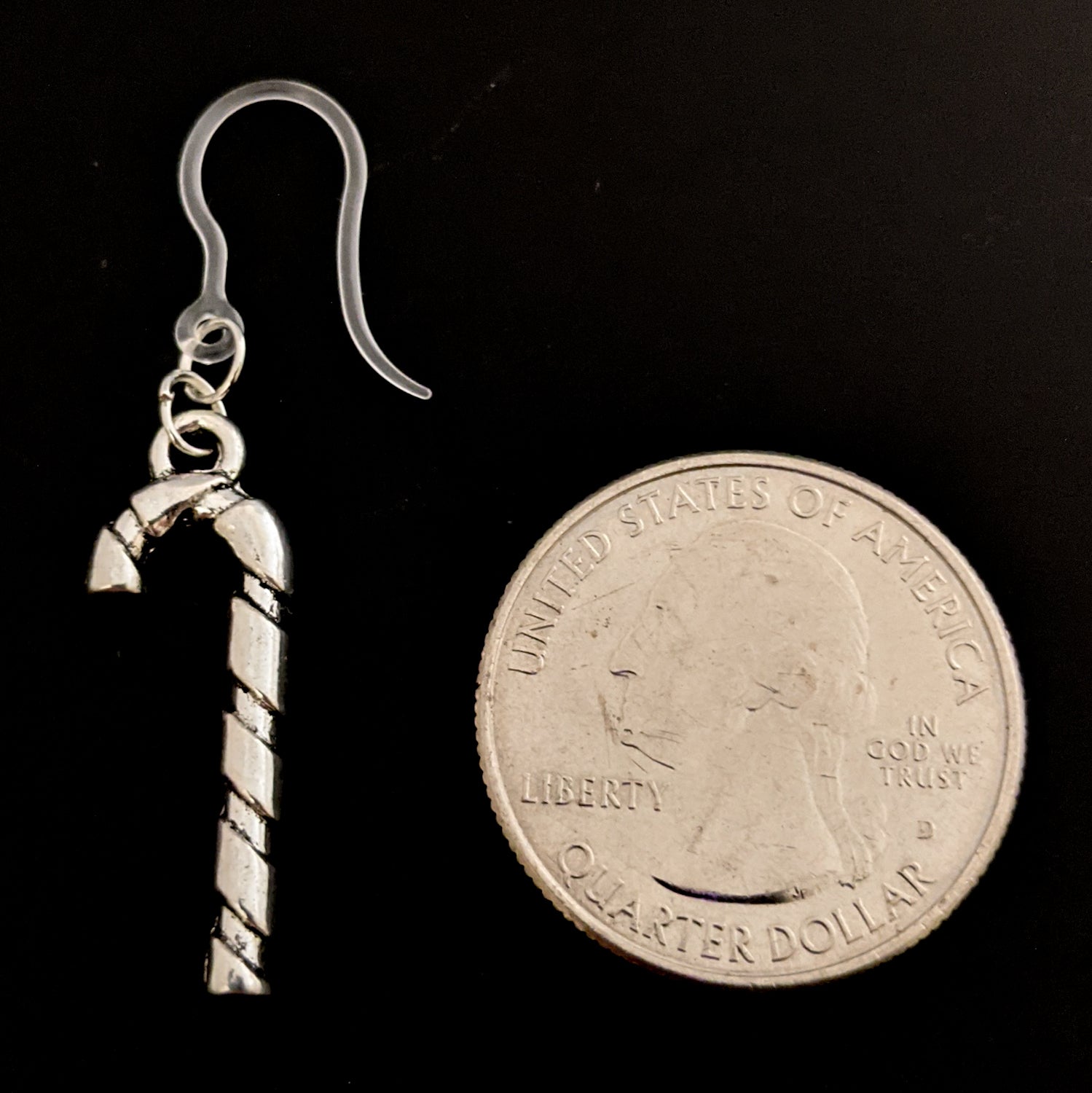 Silver Candy Cane Earrings (Dangles) - size comparison quarter