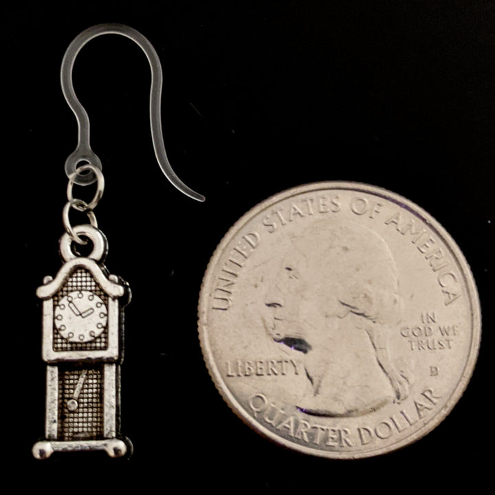 Silver Grandfather Clock Earrings (Dangles) - size comparison quarter