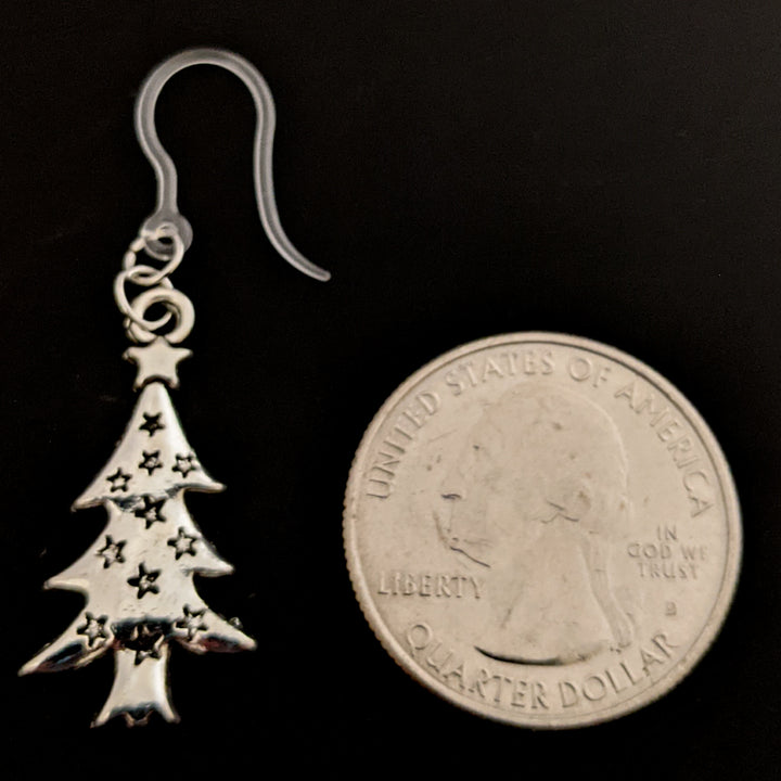 Silver Christmas Tree Earrings (Dangles) - size comparison quarter