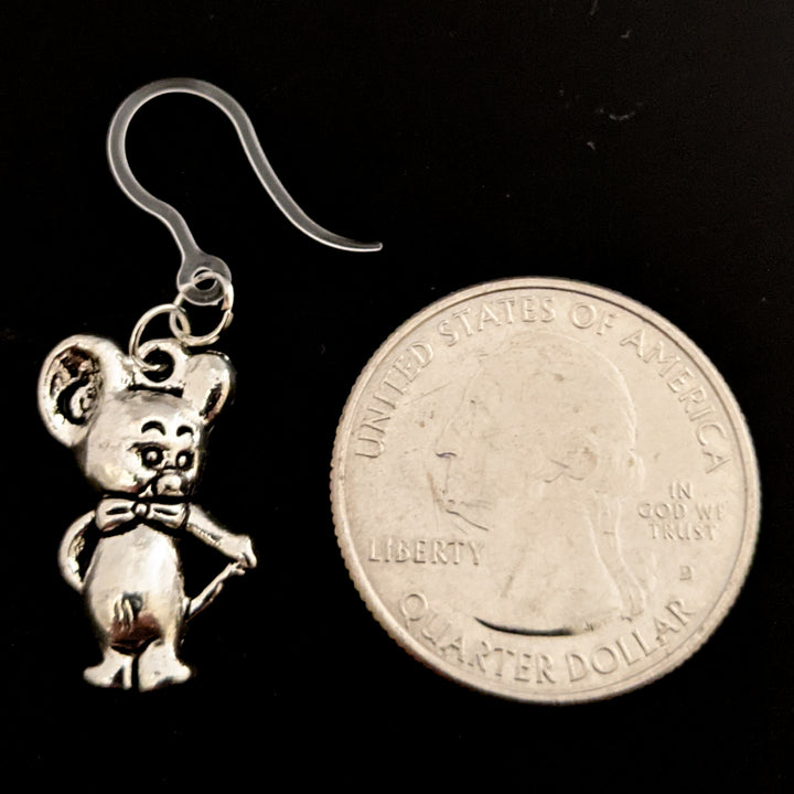 Silver Mouse King Earrings (Dangles) - size comparison quarter