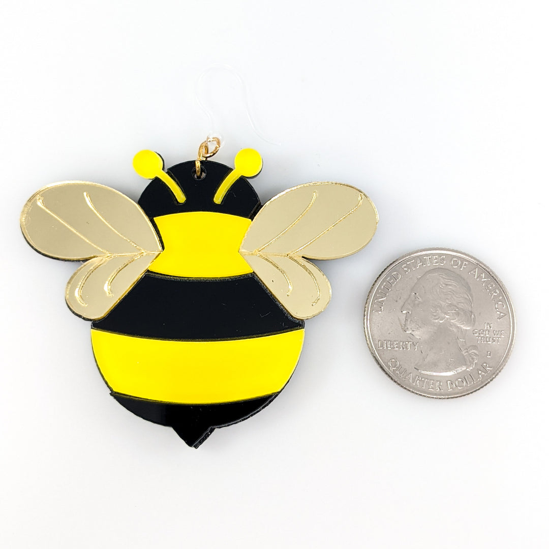 Exaggerated Bee Earrings (Dangles) - size comparison quarter
