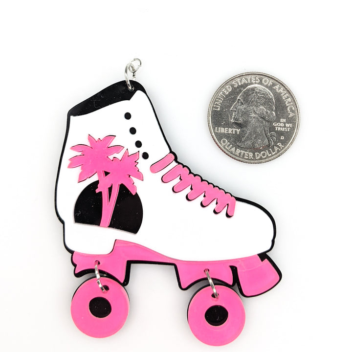Exaggerated Roller Skate Earrings (Dangles) - size comparison quarter
