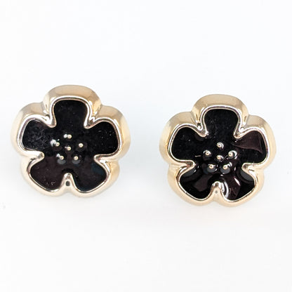 Gold Rimmed Flower Earrings (Studs) - black