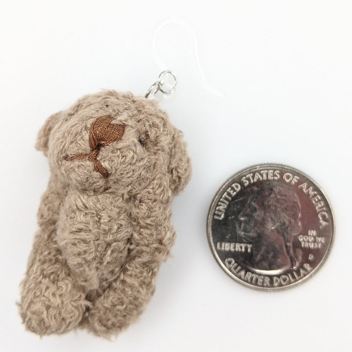 Exaggerated Teddy Bear Earrings (Dangles) - size comparison quarter