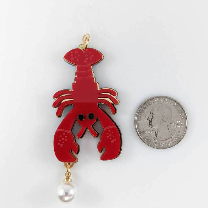 Exaggerated Pearl Lobster Earrings (Dangles) - size comparison quarter