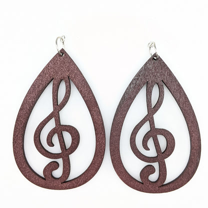 Exaggerated Wooden Treble Clef Earrings (Dangles) - size comparison quarter
