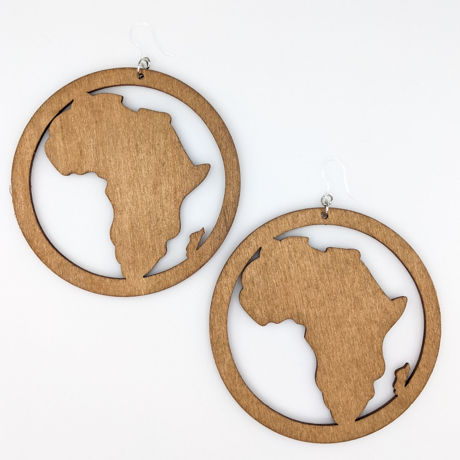 Exaggerated Framed Wooden Africa Earrings (Dangles) - light brown
